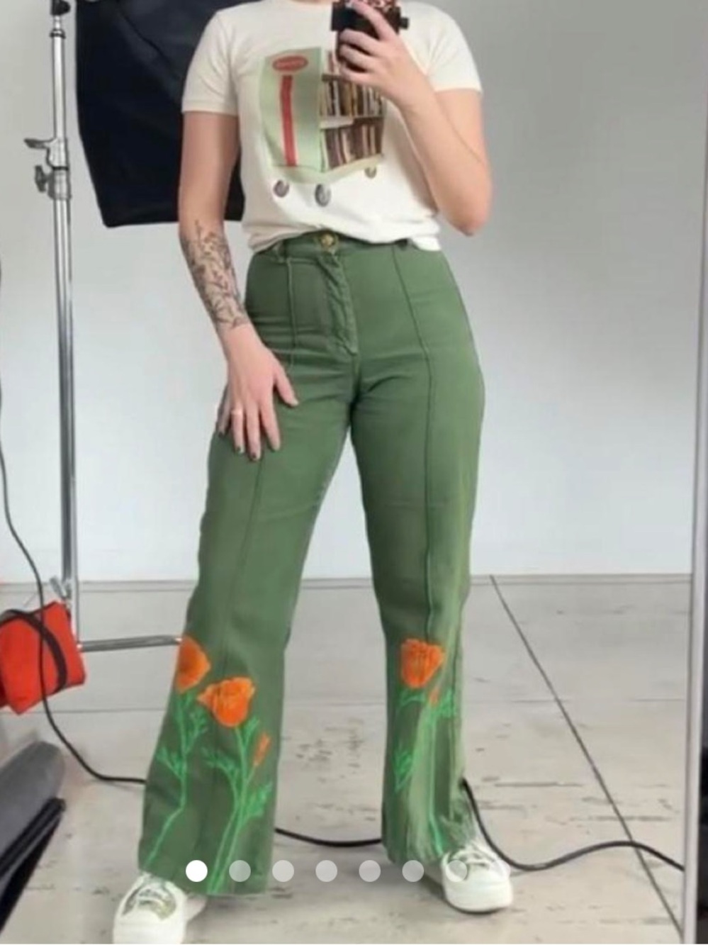 Big Bud Press Western California Poppy Green Floral Embroidered Wide-Leg Pants S - Picture 3 of 12